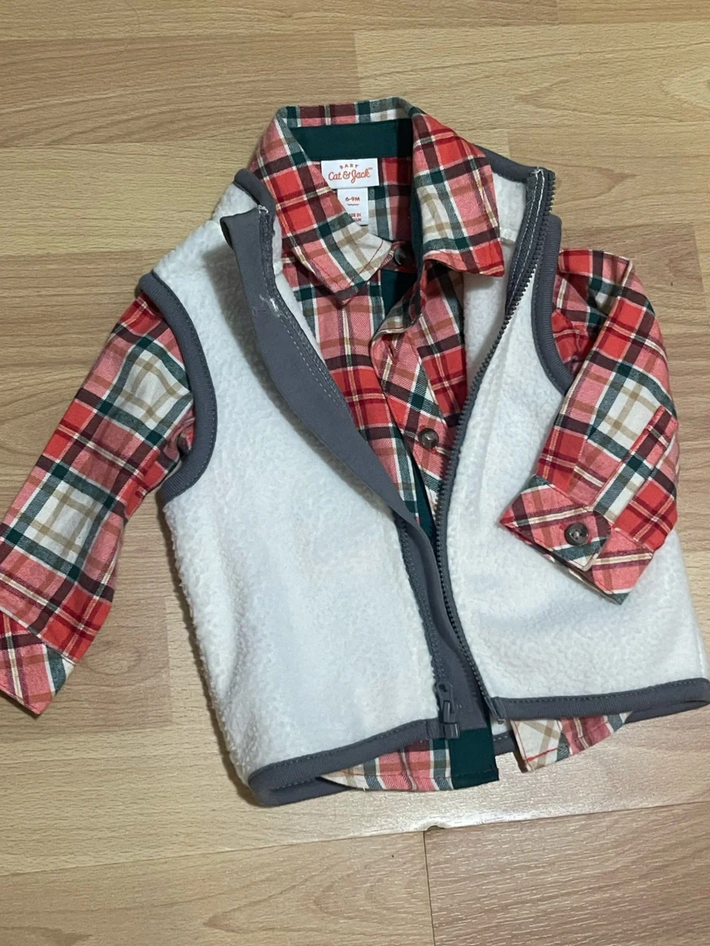 Old Navy Red Plaid Sherpa Vest with Gray Trim